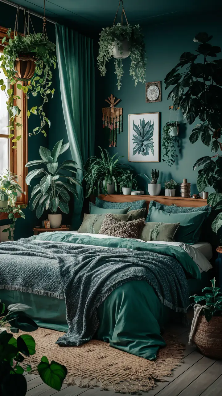 Green Boho Bedroom with Plants