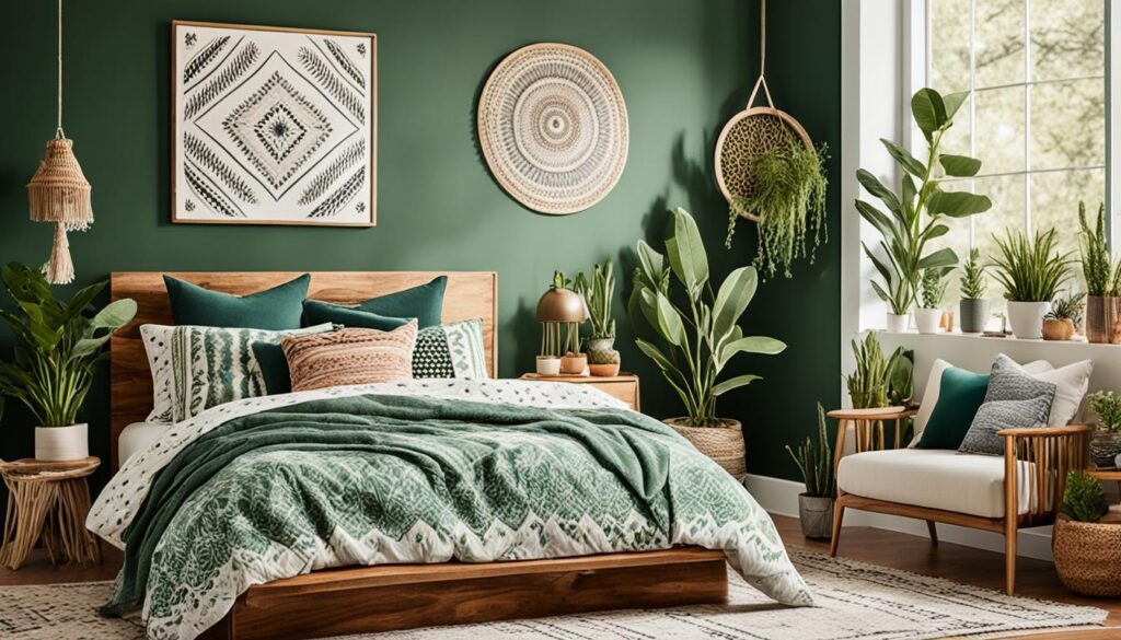 boho bedroom green accent wall
