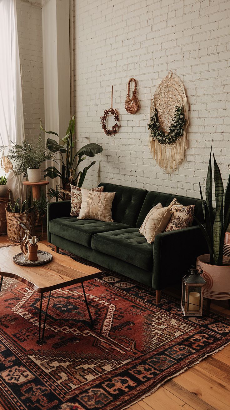 Boho Living Room With Dark Couch
