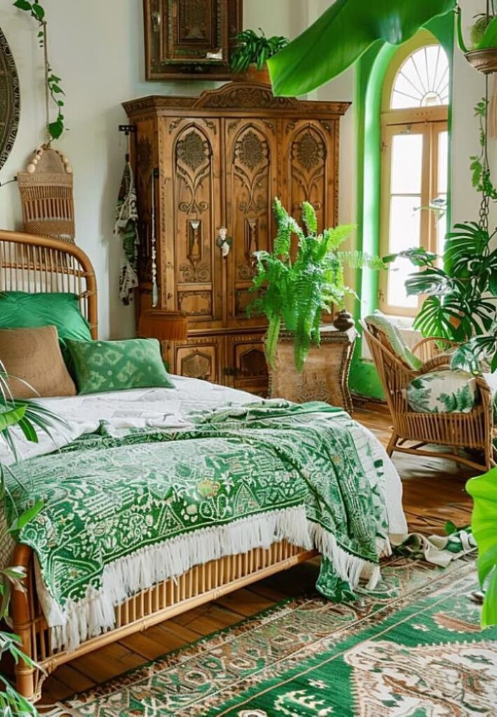 green boho style bedroom